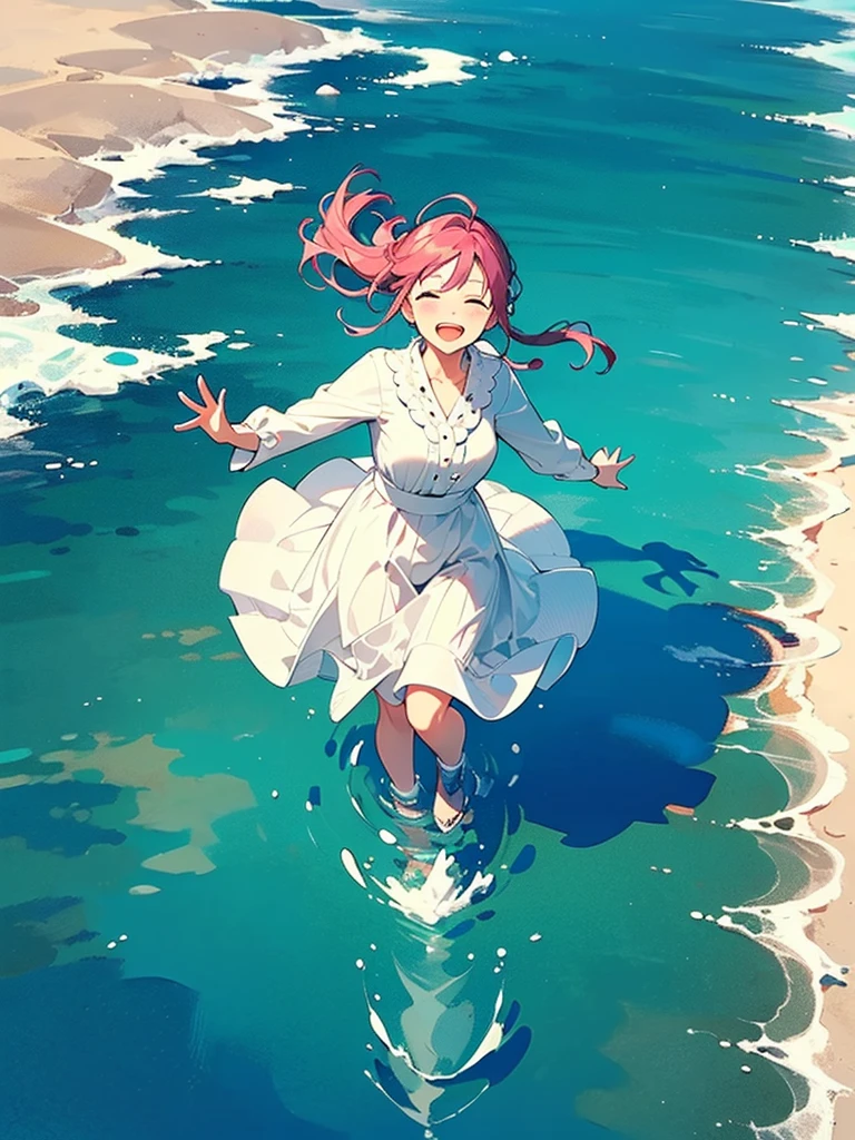 Woman walking on calm water, ((from above:1.5)), From above, Overlooking、Dancing Woman