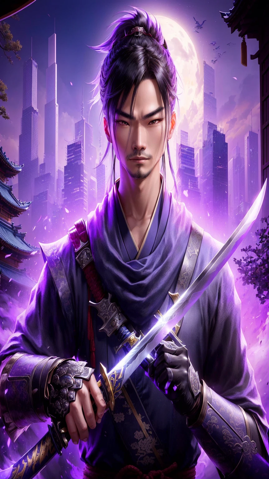 a close-up of a person holding a sword in a city, mystical ninja, sword jiang, masamune shiro, Herói Xianxia, heise jinyao, take off, wuxia, inspired by Fan Kuan, swordsmanship, main art, katana zero video game character, inspired by Shen Zhou, inspired by Yang Jin, full picture