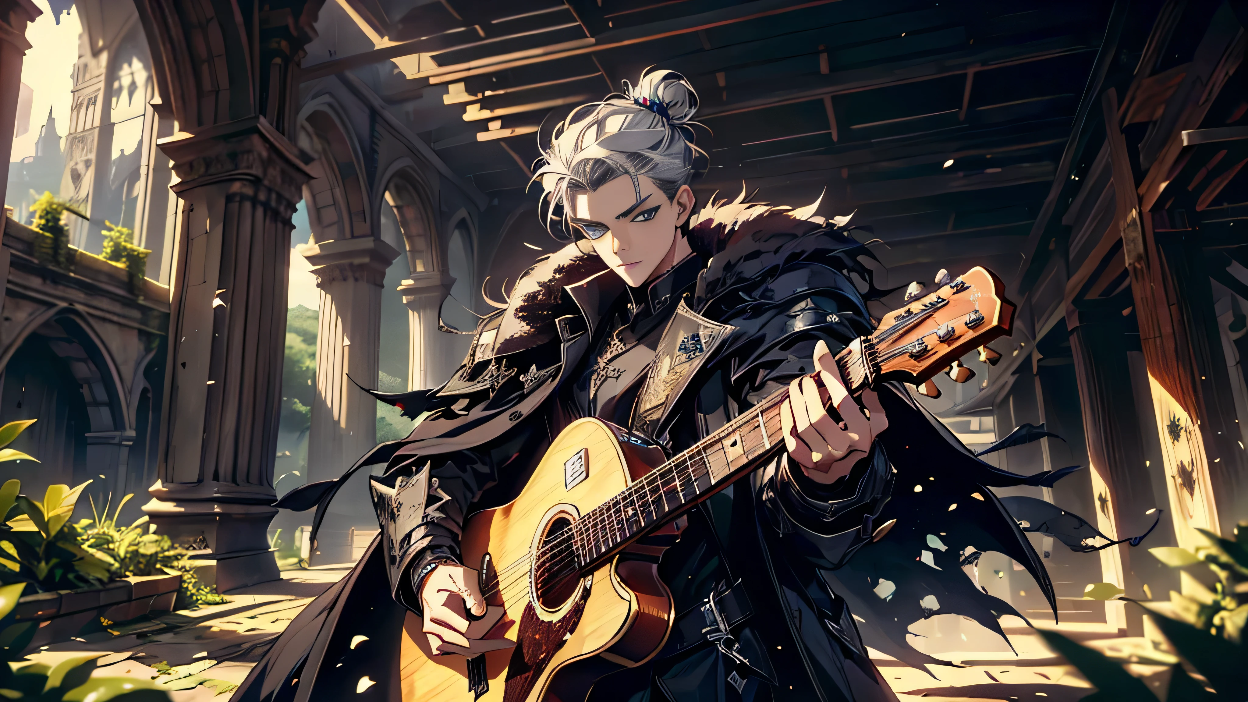 "best quality , High quality , The best details ,Portrait of a passionate guitarist,father,black knight armor,((black long coat)), ((all black)), (blue eyes) ,Short White Quiff Hair with Soft Fringe, White hair tied in a low bun, shaved on the sides, turned to the left of the middle.((black long coat)), ((all black)), (blue eyes) ,Short White Quiff Hair with Soft Fringe, White hair tied in a low bun, shaved on the sides, turned to the left of the middle. ในห้องนอน,A place where sunlight shines through , Create a play of light and shadow.. Guitarist holding a wooden guitar, inside the room, striking black shirt. Mesmerizing performance moments, Musicians immerse themselves in music.,beautiful sky,a young man,short hairstyle,(short white hair),handsome, blue eyes, handsome, father,Wear a wedding ring on the finger.