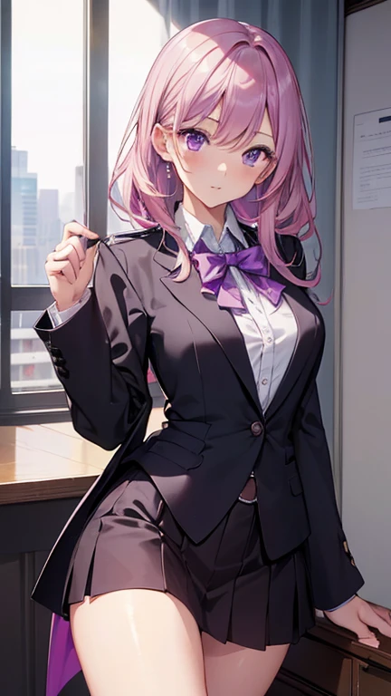 (high resolution, Practical, 4K, Extremely detailed, masterpiece:1.2),1 hermaphrodite girl, , Unisex, Shiny purple eyes, pink medium length hair, student, Charming beauty