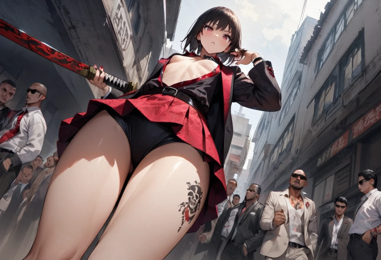 from directly below、Cute female yakuza、Holding a Japanese sword、Looking down on、mini skirt、tattoo、Girl、Girl、Short、Younger、Lower school year、Baby Face、flat chest、Yakuza Office、Yakuza、building、background、Dynamic Angle、masterpiece、best quality、ultra-detail、Japanese Mafia、Yakuza hideout、gang、Boss's Room、Thug's Room、Boss's Daughter、Clothing、cool、Cold eyes、Angry