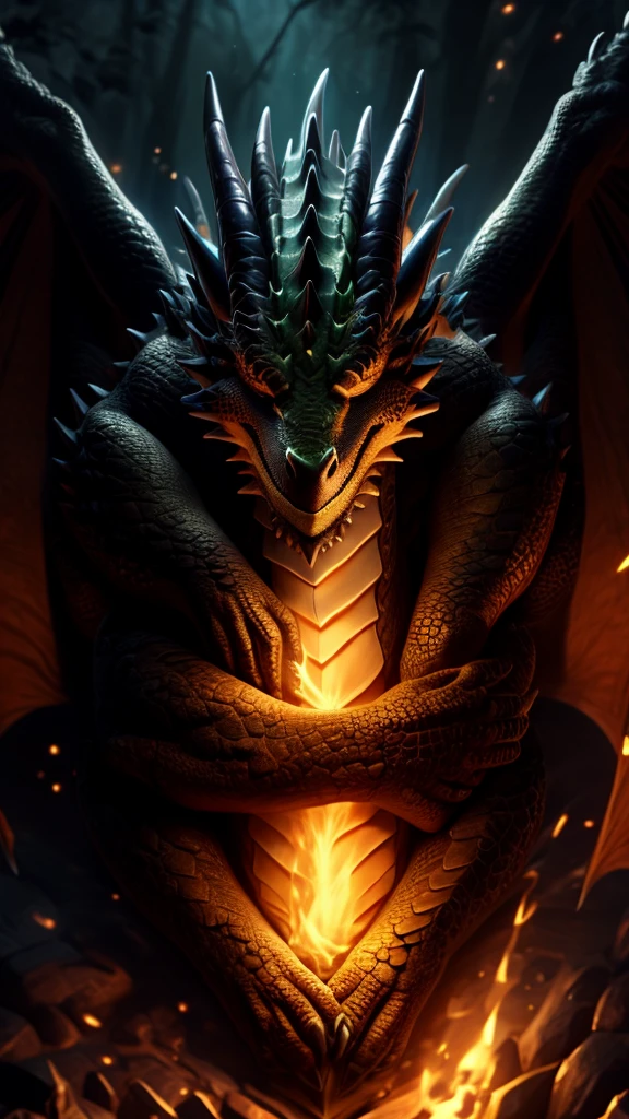 Show a small dragon sleeping on glowing logs. The dragon is green and surrounded by darkness. Only the logs and the dragon glow