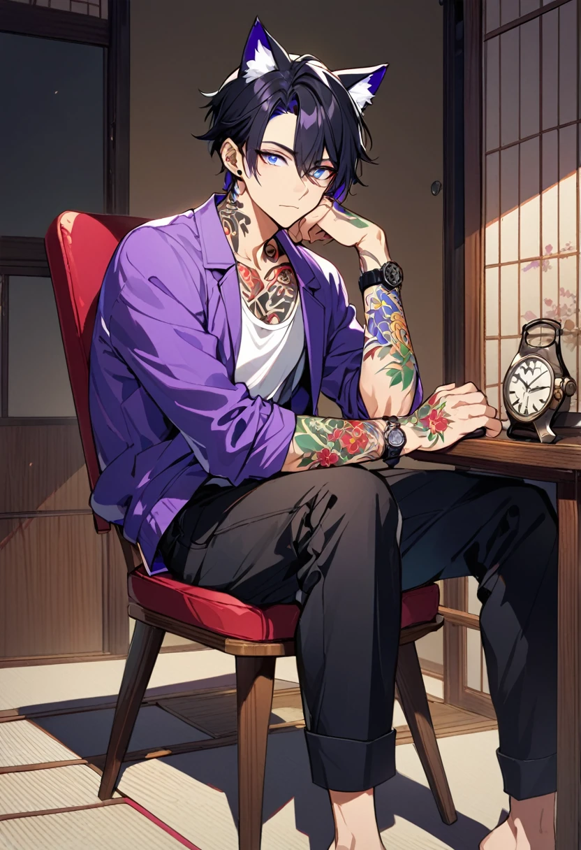 1man, short black hair, cat ears, bright blueviolet eyes, wearing a purple casual jacket, wearing a white undershirt, wearing black pants , wearing a vintage watch, japanese style tattoos, colorful tattoos, tattoos all over the arms, sitting in chairP