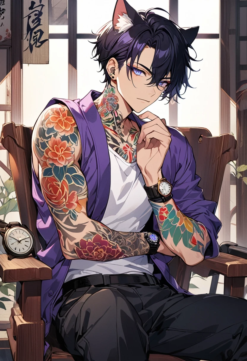1man, short black hair, cat ears, bright blueviolet eyes, wearing a purple casual jacket, wearing a white undershirt, wearing black pants , wearing a vintage watch, japanese style tattoos,  colorful tattoos, tattoos all over the arms, sitting in chairP