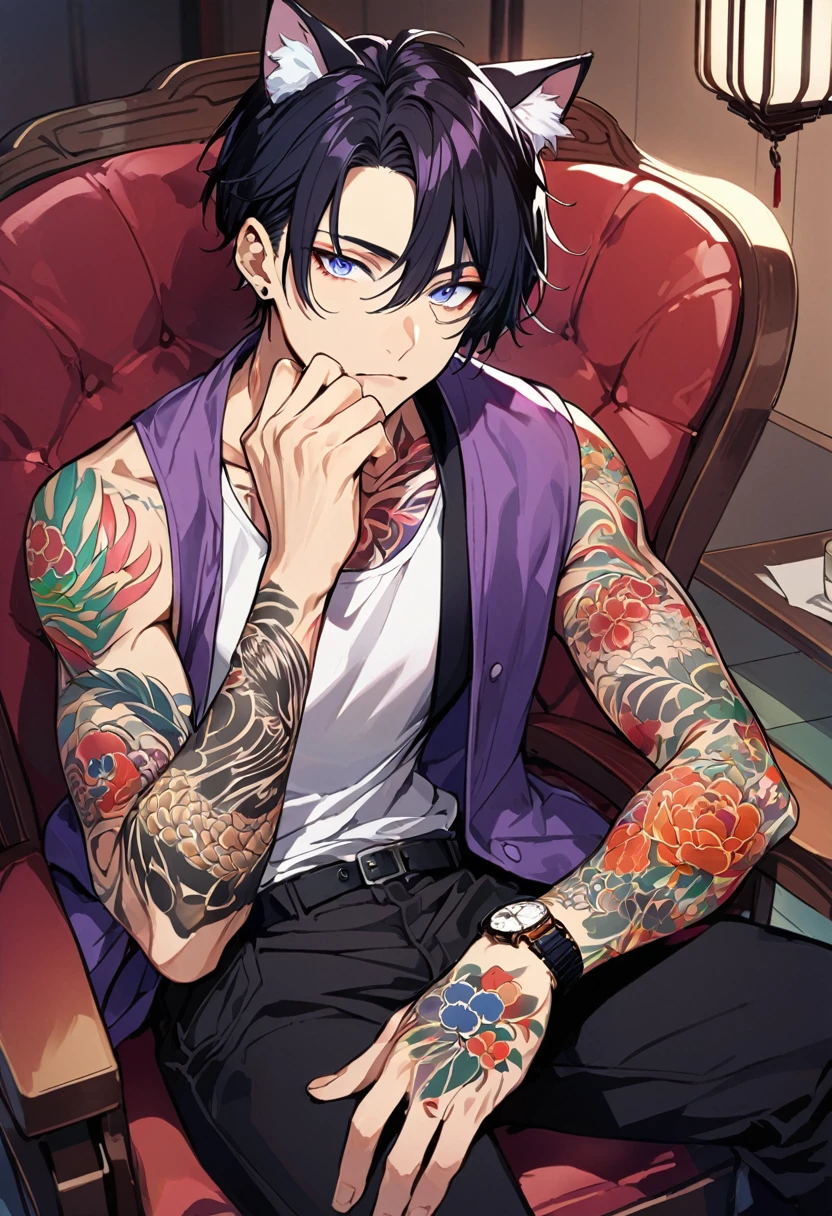 1man, short black hair, cat ears, bright blueviolet eyes, wearing a purple casual jacket, wearing a white undershirt, wearing black pants , wearing a vintage watch, japanese style tattoos,  colorful tattoos, tattoos all over the arms, sitting in chairP