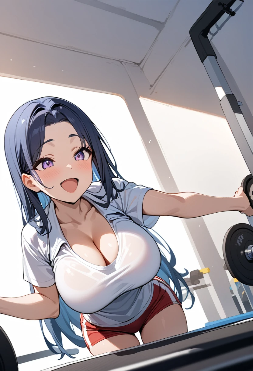 1girl, ultra high res, large chest, cleavage, white shirt, gym shorts, smile, open mouth