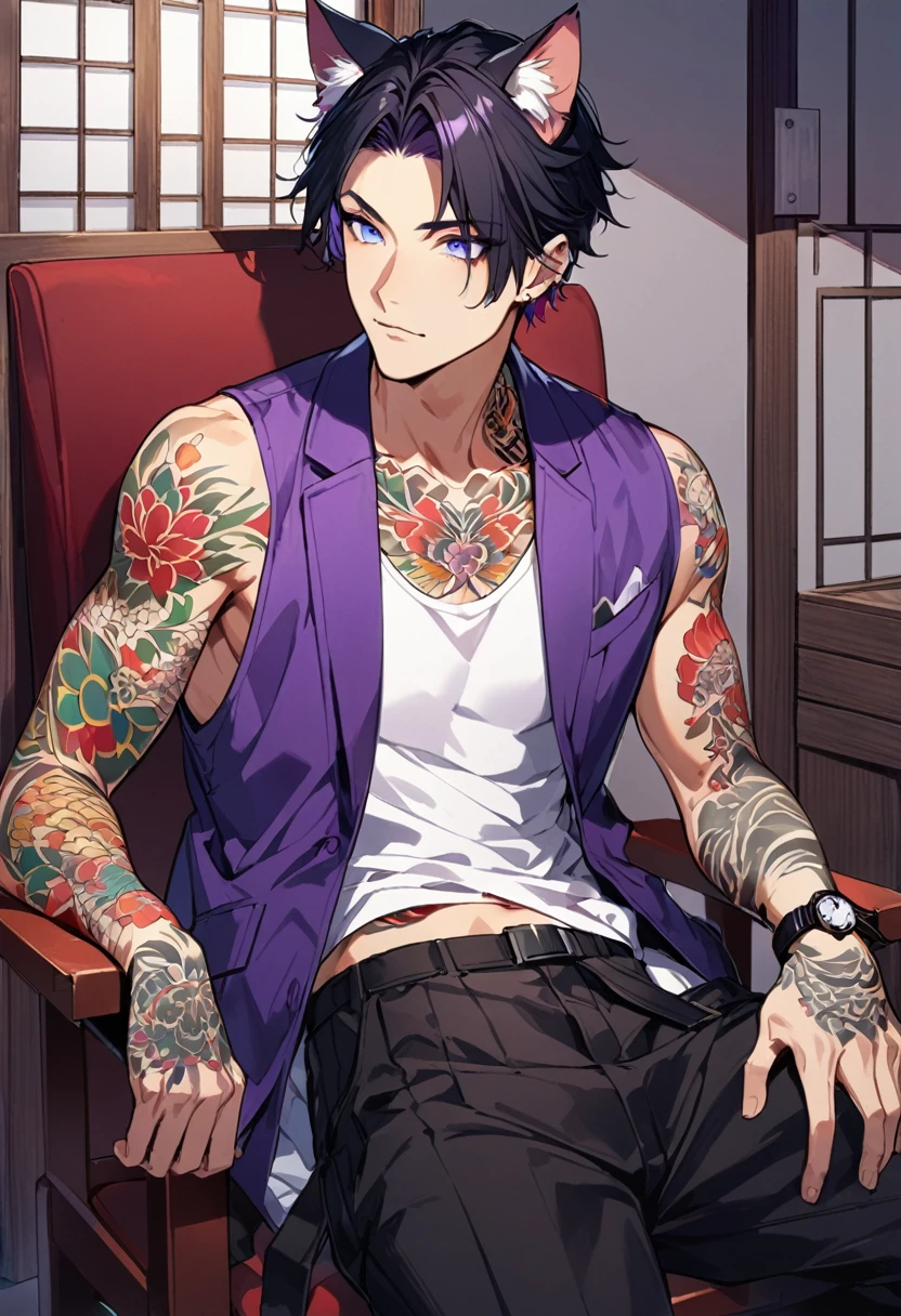 1man, short black hair, cat ears, bright blueviolet eyes, wearing a purple casual jacket, wearing a white undershirt, wearing black pants , wearing a vintage watch, japanese style tattoos, colorful tattoos, tattoos all over the arms, sitting in chairP