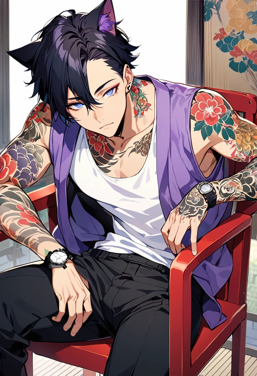 1man, short black hair, cat ears, bright blueviolet eyes, wearing a purple casual jacket, wearing a white undershirt, wearing black pants , wearing a vintage watch, japanese style tattoos,  colorful tattoos, tattoos all over the arms, sitting in chairP