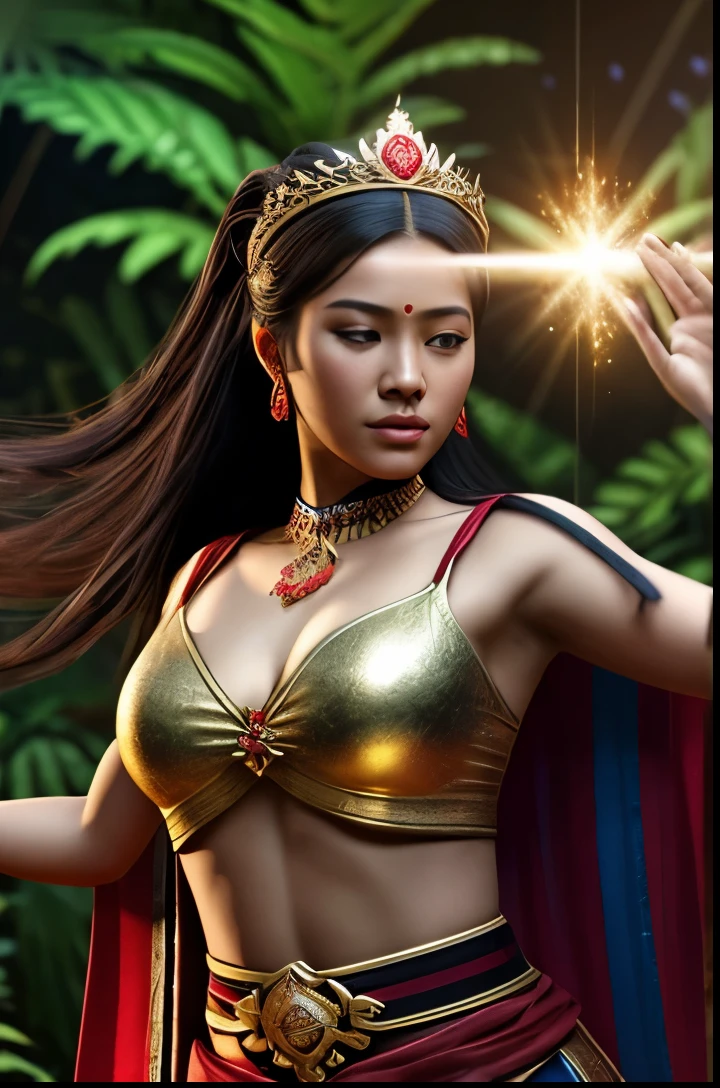 create a hyper realistic photo a beautiful indonesian woman as a hero in dynasty kingdom of majapahit, wearing small gold neklace like a queen, wearing red kemben ,long black hair with bun, doing floating meditation, energy bursts from around of her body, unreal engine 5, absurdres, volumetric mixed color line blue red white lighting around her body, eyes to camera, rainforest background