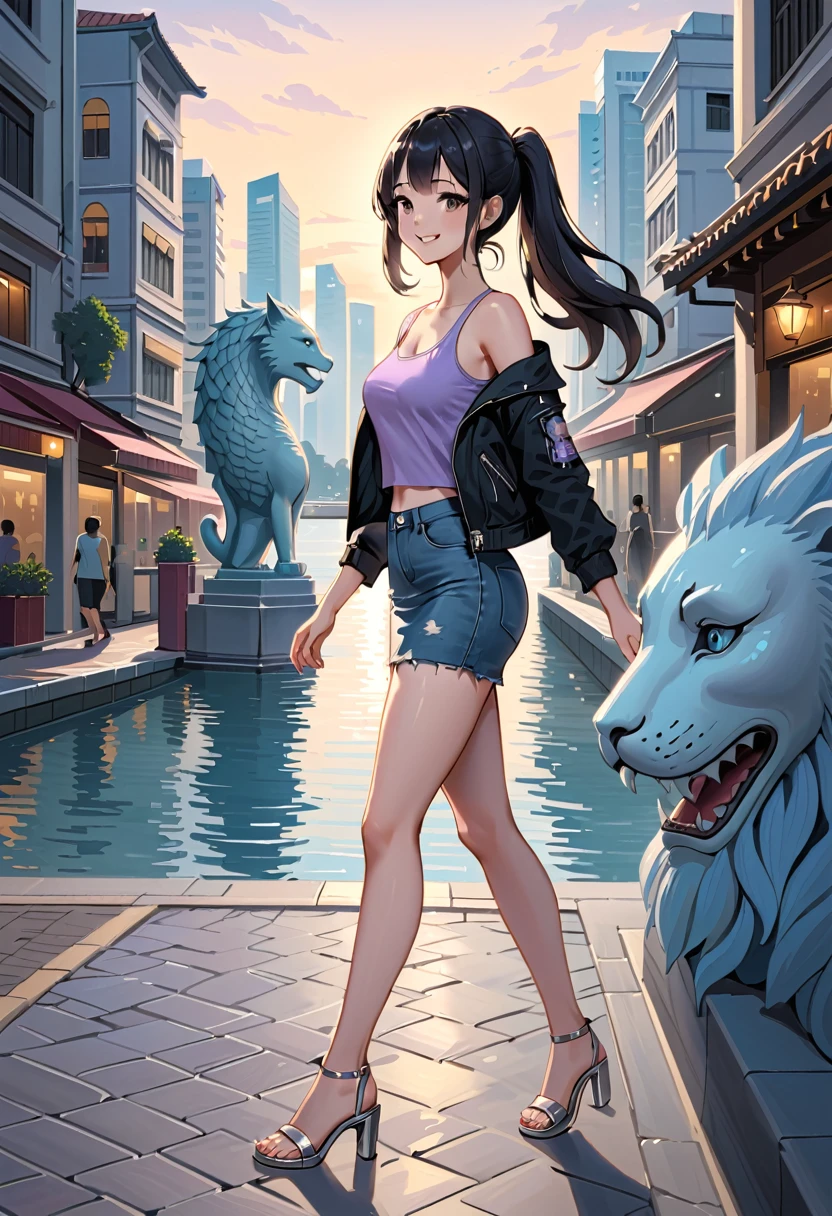 realistic anime illustration of a pretty black long hair young woman, side ponytail, smiling, walking on Singapore street, Merlion scenery, {she wearing black denim jacket, lavender tanktop, light-blue denim pencil mini skirt, silver heel sandals}, (1girl, solo, full body), (best quality,4k,8k,highres,masterpiece:1.2),ultra-detailed,fashion,portrait,studio lighting,gorgeous lighting,beautiful woman,warm colors,elegant,stylish outfit,flawless skin,intricate detail