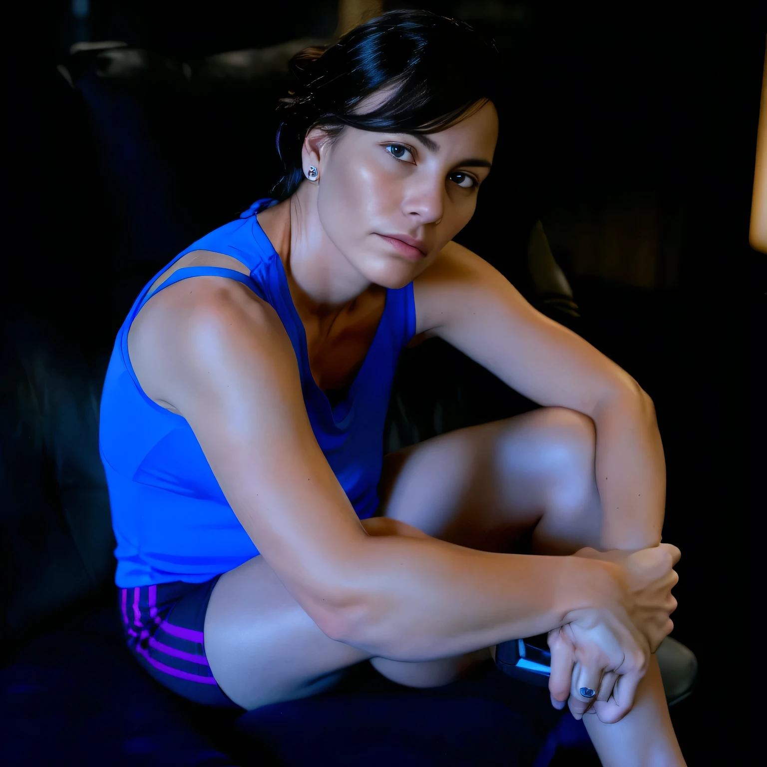 there is a woman sitting on a couch with a remote in her hand, tired half closed, muscular and exhausted woman, sweating, side portrait, sandra chevier, portait photo, sitting on bent knees, portait image, portrait of rugged adult female, low-key, portrait image, profile image, tense look, mid shot portrait, photo portrait