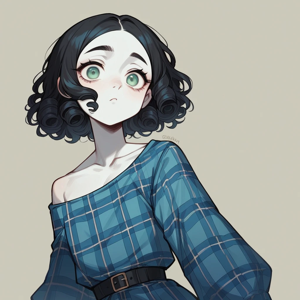 14-year-old british girl, white skin, light green eyes and big curly black hair to the waist, wearing a blue plaid dress and a white long-sleeved blouse. Oval face.