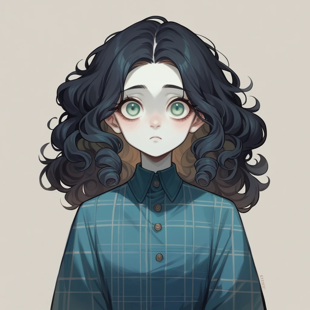 14-year-old british girl, white skin, light green eyes and big curly black hair to the waist, wearing a blue plaid dress and a white long-sleeved blouse. Oval face.