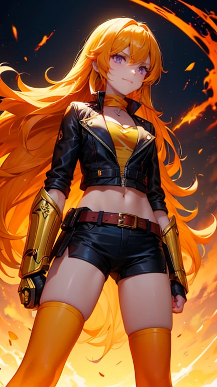 Yang Xiao Long (\Ruby\), 1 girl, highest quality, High resolution, masterpiece, High resolution, sharp: 1.2, Perfect body beauty: 1.4, Slim Abs: 1.2, Highly detailed face and skin texture, Fine grain, double eyelid, Looking into the camera, Purple eyes, Long Hair,), leather jacket, Hyperrealism, Knee socks, Ruby, wavy bright golden hair, Mechanical gauntlet, Tan shorts, Orange neckband, Tea belt, Yang Xiao Long, evil smile, yellow aura, dark red theme, from below