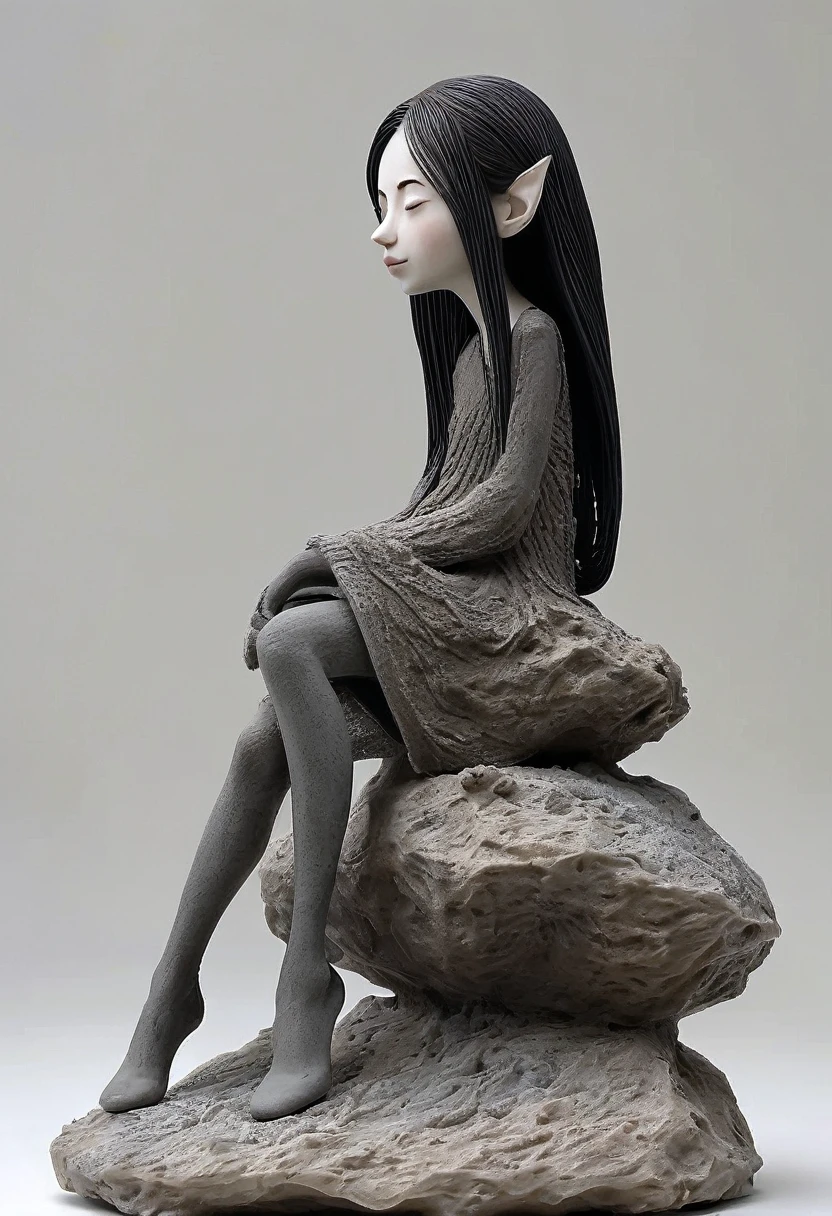 (best qualityer:1.2),1 GIRL naked elf long hair translucent clay 30% standing on a small rock. ultra-light Argila, Translucent clay 30%, Ceramics, Rough knitted texture, anguished, grimy, Mineral pigments, 3D Argila sculpture art, Argila sculpture, Rough surface, (black shoes,declive,declive background,fundo cinza,cover,lonely,perm)