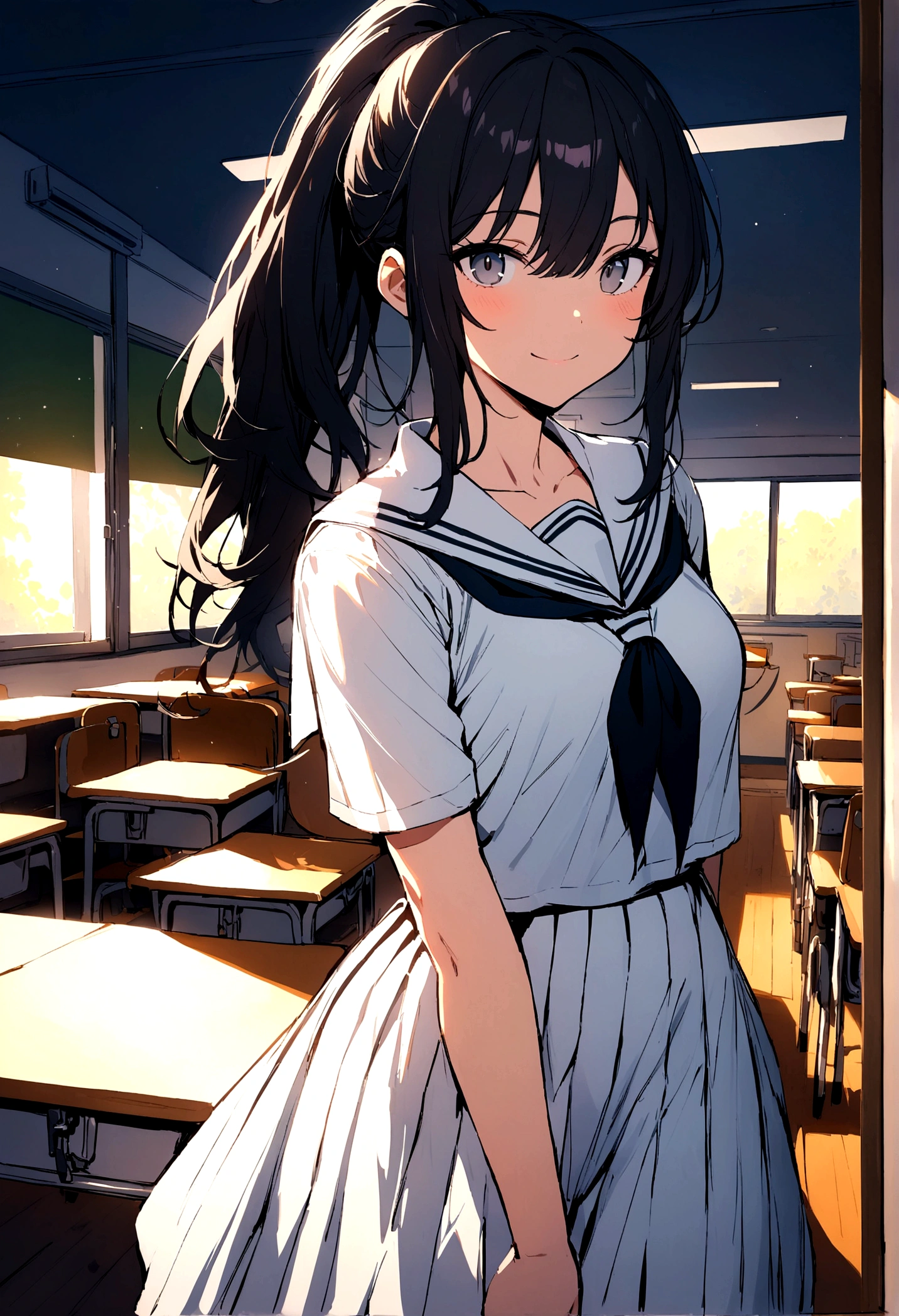 masterpiece, best quality, 1girl, solo,
ryoba, black_hair, long hair, grey_eyes, ponytail, ,
classroom, full body, looking at viewer, school, smile, serafuku, white full skirt,
