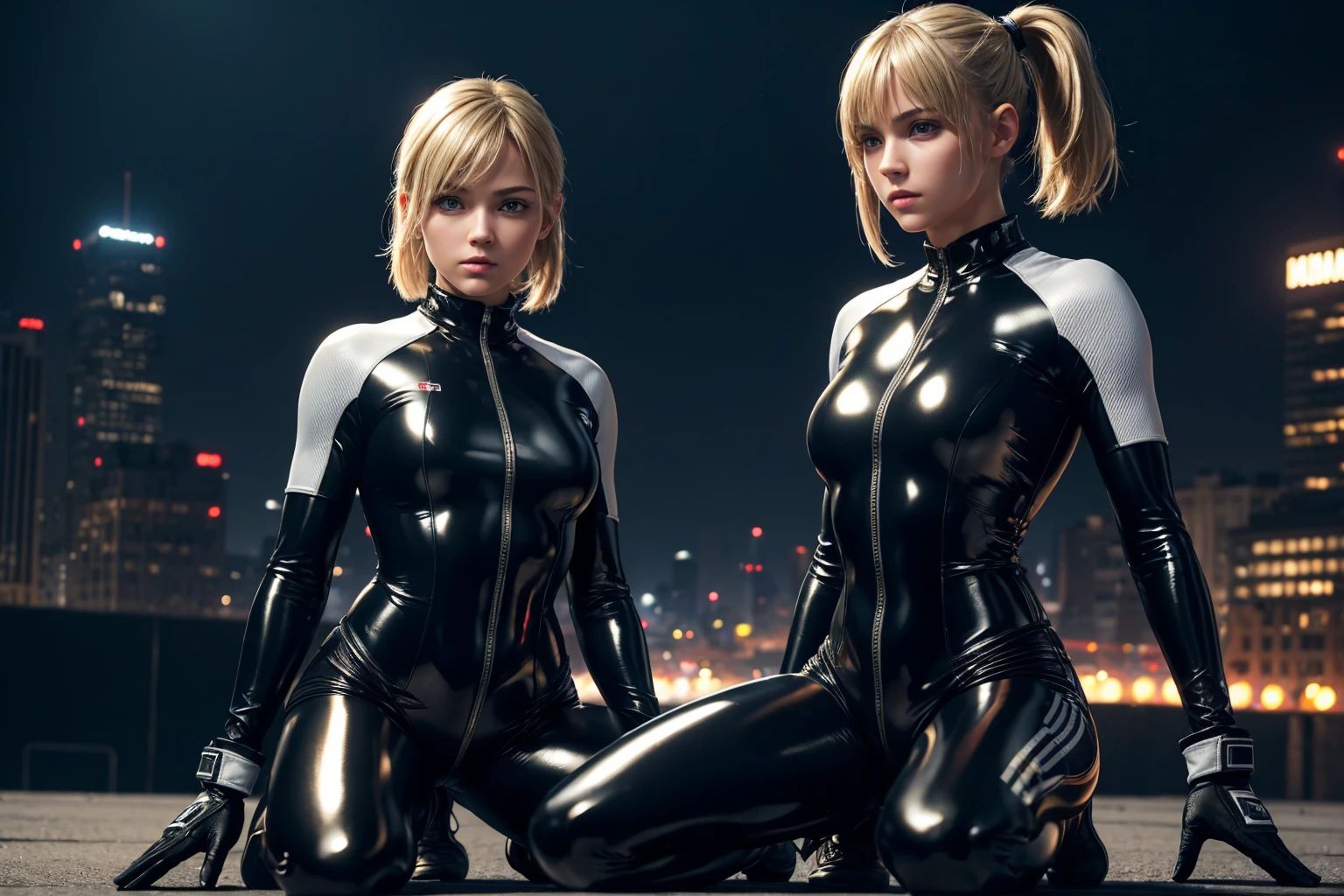 (best quality,4K,8k,high resolution,masterpiece:1.2),Ultra-detailed,(realistic,photorealistic,photo-realistic:1.37), RUSSIAN female fighter with slim physique and small face, cute, 2 girls, 18 years old, Kneeling pose, BLONDE LONG BOB CUT with ponytails hair, shiny black tight-fitting combat latex suit with enamel finish, tight suit, gloves, Steel city background, night lighting

