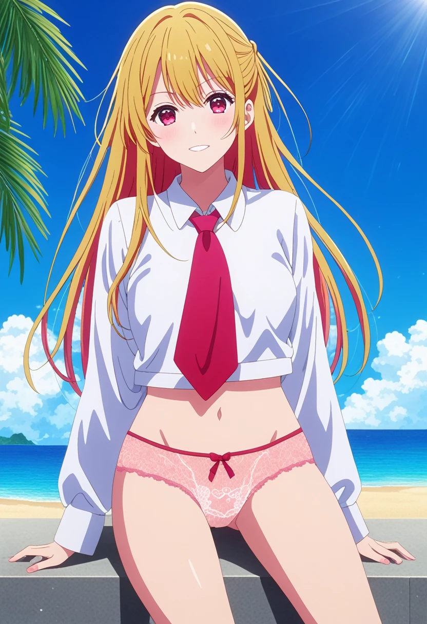 score_9, score_8_superior, score_7_superior, Break Source_anime, One girl, Hoshino Ruby, Blonde, Long Hair, one side superior, Red eyes, mismatched psuperiorils, star-shaped psuperiorils, , Red Bow, Grey Skirt, 眉をsuperiorげる, One knee, autumn ,anime girl in bikini standing on a beach with palm trees, wallpaper anime blue water, 4k yen manga wallpaper, anime moe artstyle, anime! 4K, anime! 4k yen, seductive anime girl, 4K anime wallpaper, ultra hd anime wallpaper, Realistic Bikini, Red cute tie, [ 4k yen digital art ]!!, ecchi anime style, anime girl sitting on bed with arms crossed, an anime drawing by Jin Homura, Pixiv, Tropical Hair Ribbon, anime moe artstyle, cute anime girl, I also make fan art,  , Check it out, anime best girl, anime visual of a cute girl, young anime girl, an anime girl, pretty anime girl, anime girl, Very detailed、masterpiece、Highest quality、Ultra-high resolution energy A、8K high resolution、Photo-worthy clarity、Detailed eyes、Gradation、Perfect anatomical figure ,hard disk、Hmph (English) ,Nikon Z9 80mm Lens , Tabletop、Model standing、Deep pink lace panties、The dress is made of white lace material(((Show me all my panties)))、(((The skirt is definitely worn.)))、(((スカートの裾をsuperiorげる)))、Panty Focus、Too bright natural light、sunlight、Detailed lace panty pattern、Regular panties、(((While standing, スカートをsuperiorげてカメラにパンティを見せましょう)))、(((beautifultiful alignment and snow-white teeth)))、(((Lift the skirt Greater than and、 Greater than,、Show your panties to the camera)))、Ultra slim body, Big Breasts、Slender model body type、beautifultiful posture, By subway、extremely hVery detailed、masterpiece、Highest quality、Ultra high resolution A、8K high resolution、Photo-worthy clarity、Detailed eyes、Gradation、Perfect anatomical figure ,hard disk、Hmph (English) (English) (English) (English) , Nikon Z9 80mm Lens , Tabletop、Model standing、red lace panties、This dress is made of red lace material.(((Show me all your leggings)))、(((The skirt is definitely worn.)))、(((スカートの裾をsuperiorげる)))、Leggings Focus、Too bright natural light、sunlight、(((While standing, She lifts her skirt to show her panties to the camera)))、(((beautiful