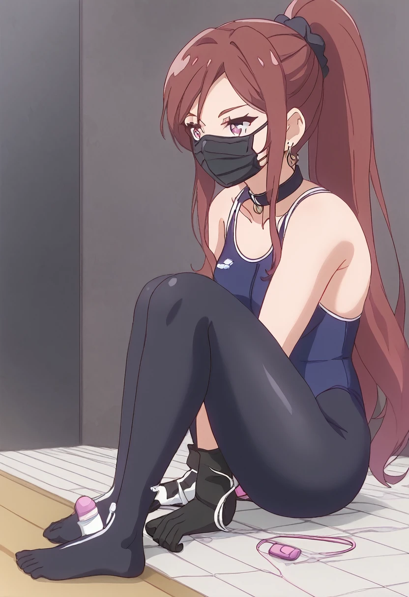 One Girl、Black scrunchie swimsuit、Fixed Vibrator、Expressionless、Love juice drips down my legs、Putting on a collar、Cat ear、Foot gloves、Front view、Black Mask、Earrings、Long Hair、ponytail