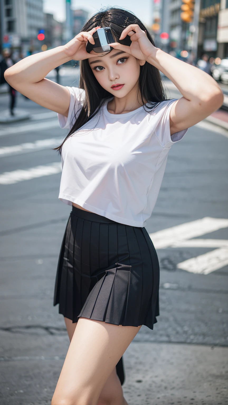 ((1lady, grey T-shirts)),((black pleated skirt)),((Standing on the road)), zoom camera in the crotch, angle from below), looking to the side, very smile, blushing, ((background new york cityscape)), distressed, reluctant, glare , NSFW, 8k, RAW photo, masterpiece, absurdity, top quality, high resolution: 1.1, ultra-detail, hyper-realistic: 1.4, realistic, photorealistic: 1.3, cinema light, film grain, closeup, full body, depth of field, eye focus, young, 85mm lens, f/1.5, Professional lighting, portrait, photon mapping, radiocity, physically based rendering, transparency, soft light, realistic face, realistic body, realistic skin, clean: 1.8, silky golden shiny blonde hair, Shiny silky straight hair, hairstyle to match the trend of Japan in 2023, Big tits: 1.2, blusher, good style, (very dark lip gloss, bright red lipstick, so many eyelashes, blue eyes, pitch black eyeshadow big tits), company, camel toe, long legs, PureErosFace_V1: 0.8, dynamic pose