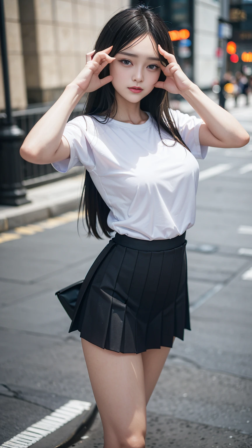 ((1lady, grey T-shirts)),((black pleated skirt)),((Standing on the road)), zoom camera in the crotch, angle from below), looking to the side, very smile, blushing, ((background new york cityscape)), distressed, reluctant, glare , NSFW, 8k, RAW photo, masterpiece, absurdity, top quality, high resolution: 1.1, ultra-detail, hyper-realistic: 1.4, realistic, photorealistic: 1.3, cinema light, film grain, closeup, full body, depth of field, eye focus, young, 85mm lens, f/1.5, Professional lighting, portrait, photon mapping, radiocity, physically based rendering, transparency, soft light, realistic face, realistic body, realistic skin, clean: 1.8, silky golden shiny blonde hair, Shiny silky straight hair, hairstyle to match the trend of Japan in 2023, Big tits: 1.2, blusher, good style, (very dark lip gloss, bright red lipstick, so many eyelashes, blue eyes, pitch black eyeshadow big tits), company, camel toe, long legs, PureErosFace_V1: 0.8, dynamic pose