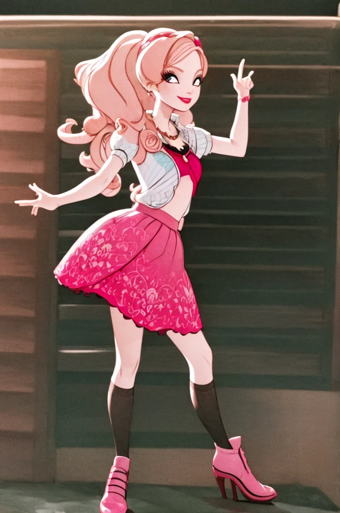 ((masterpiece,best quality)), absurdres,
Cedar_Wood_EAH,  pink skirt, 
solo, smiling, looking at viewer, cowboy shot, 
school background, cinematic composition, dynamic pose,