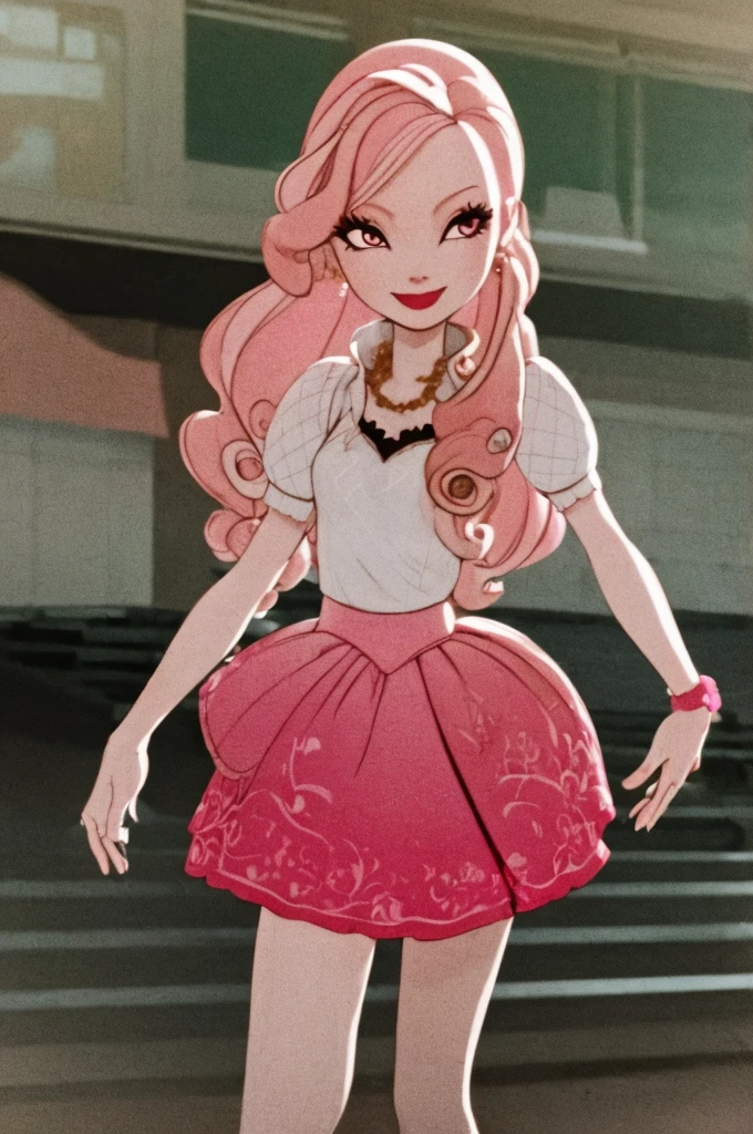 ((masterpiece,best quality)), absurdres,
Cedar_Wood_EAH, pink skirt,
solo, smiling, looking at viewer, cowboy shot,
school background, cinematic composition, dynamic pose,
