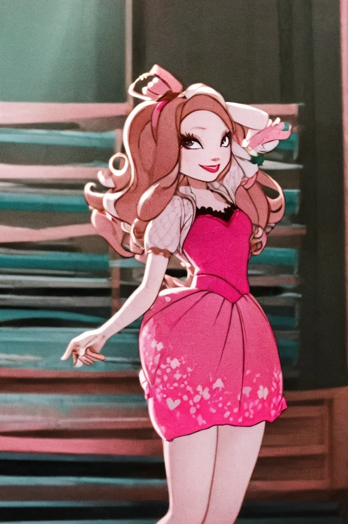 ((masterpiece,best quality)), absurdres,
Cedar_Wood_EAH,  pink skirt, 
solo, smiling, looking at viewer, cowboy shot, 
school background, cinematic composition, dynamic pose,