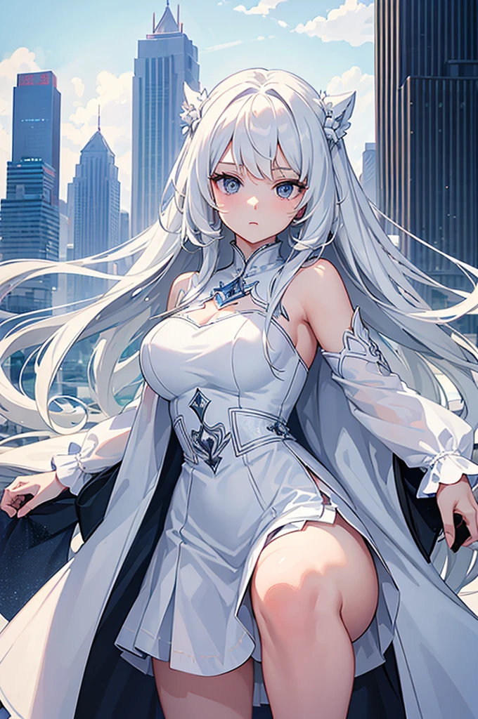 (masterpiece:1.3), (best quality:1.1), (8k, ultra detailed, ultra high res:1.2), ((anime style)), perfect 5 fingers, perfect anatomy, 
1girl,
medium breasts, 
BREAK long hair, wavy hair, 
white hair, 
red eyes, 
BREAK evening dress, white, (solid:1.1), V-Neck, 
looking at viewer, 
BREAK cowboy shot, BREAK (detailed background:1.1), outdoor, aurora, at night, Starry Night Sky with Shooting Stars, 