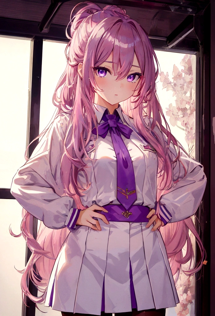 
(high resolution, Practical, 4K, Extremely detailed, masterpiece:1.2),1 hermaphrodite girl, , Unisex, Shiny purple eyes, pink medium length hair, student, student製服, Charming beauty
