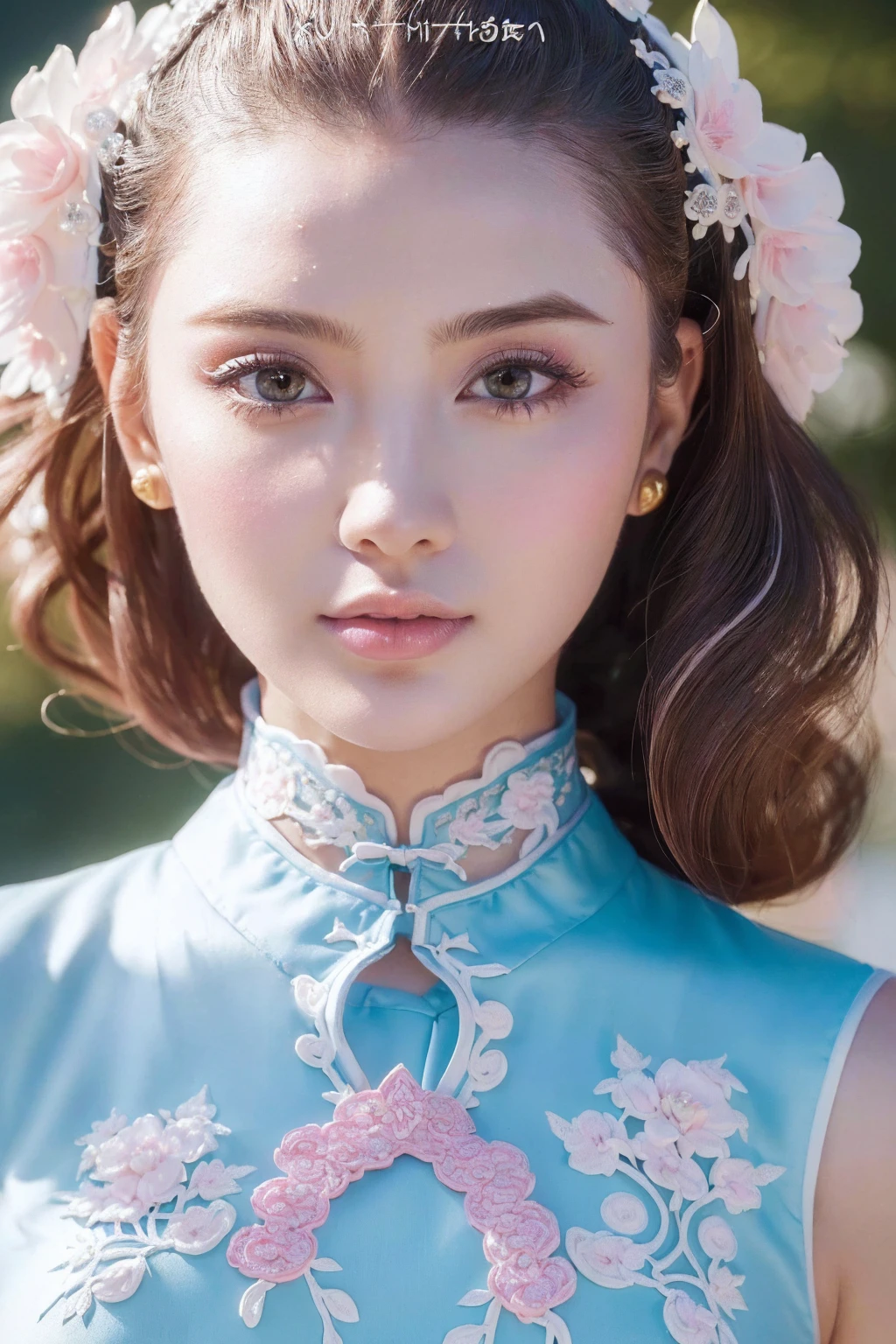 ((absurd quality,16k,highres,masterpiece:1.2), ultra details:1.3),UHD,(realism,photorealistic), (1woman:1.3 22-year-old), brown_eyes, BREAK,. ((Fujicolor、daytime soft lighting)、fashion supermodel、((curly heban hair (slicked to the two side) Intricately detailed:1.25)),. BREAK, (pink_makeup:1.25),. BREAK, ((Classic and sexy (white) cheongsam)、Detailed blue decoration:1.25)),. (Fitted clothing:1.3)、dynamic pose、((close-up of her face:1.35)), no decorations in the hair, (dark shot:1.2),
