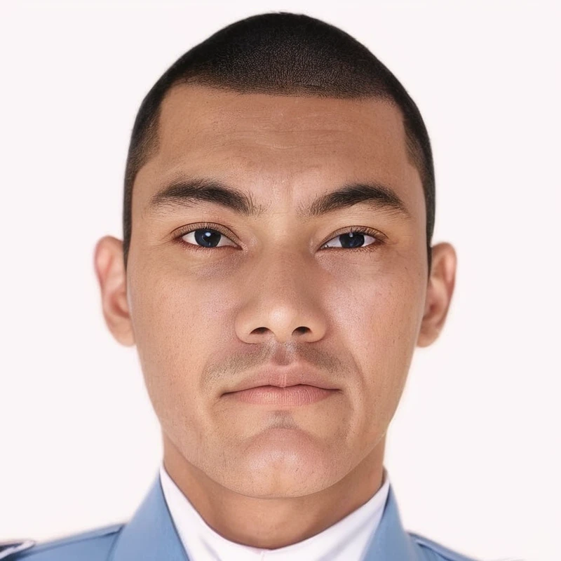 Caricature 3D real cartoon style of a man wearing a light blue uniform with white collar, short black hair, oval face, thick straight eyebrows, almond-shaped eyes, medium-sized straight nose, and neutral lips. The uniform has a name tag on the left chest, a wing-shaped badge on the right chest, and rank insignia on both shoulders. The background is red, drawn in 3D cartoon style.