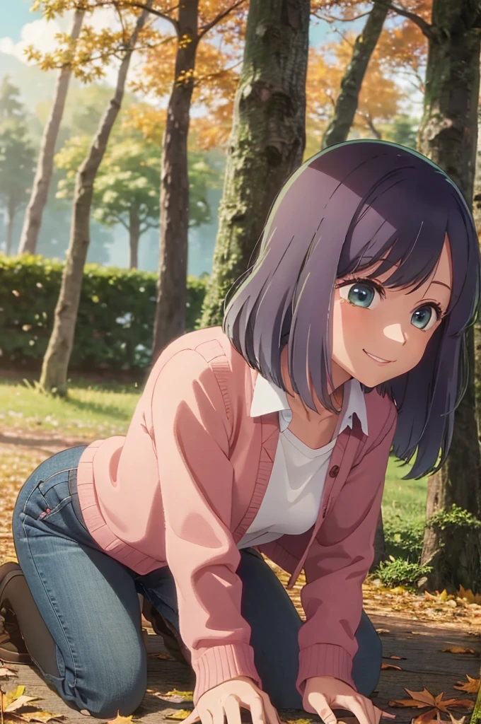 girl, jeans, pink cardigan, autumn, smile, forest