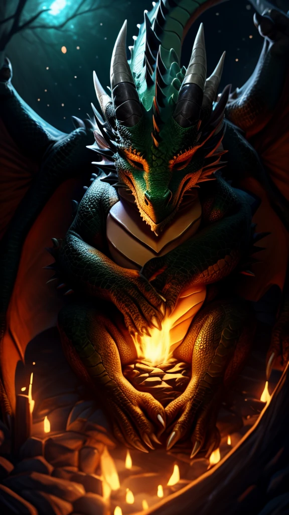 Show a dragon sleeping on glowing logs. The dragon is green and surrounded by darkness. Only the logs and the dragon glow