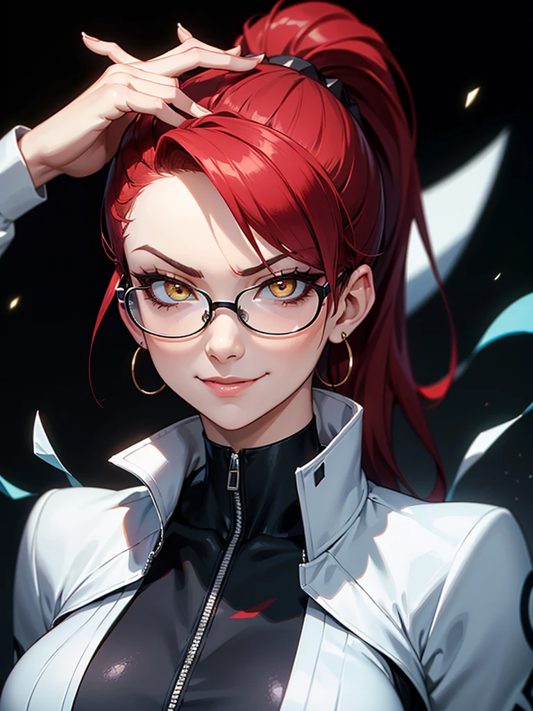 She has a sharp and angular face with high cheekbones, giving her a striking appearance. Her hair is short, spiky, and colored in a dark shade with fiery red highlights, reminiscent of Justice from Helltaker.
Eyes and Glasses: Her eyes are a piercing shade of red, filled with intensity and confidence. She wears sleek, rectangular eyeglasses that add to her intellectual and edgy look.
Outfit:
Jacket: She wears a stylish, form-fitting jacket that enhances her figure. The jacket is predominantly black with red accents, featuring bold patterns or insignias similar to Justice's aesthetic. It has a high collar and slightly oversized sleeves, giving her a rebellious vibe.
Top: Underneath the jacket, she wears a fitted, dark-colored top that complements her jacket, possibly with a graphic design or logo.
Accessories:
Cigarette: She casually holds a cigarette between her fingers, exuding a sense of nonchalance and coolness.
Jewelry: She wears minimal but edgy jewelry, such as a choker or simple earrings, to keep the focus on her overall appearance.