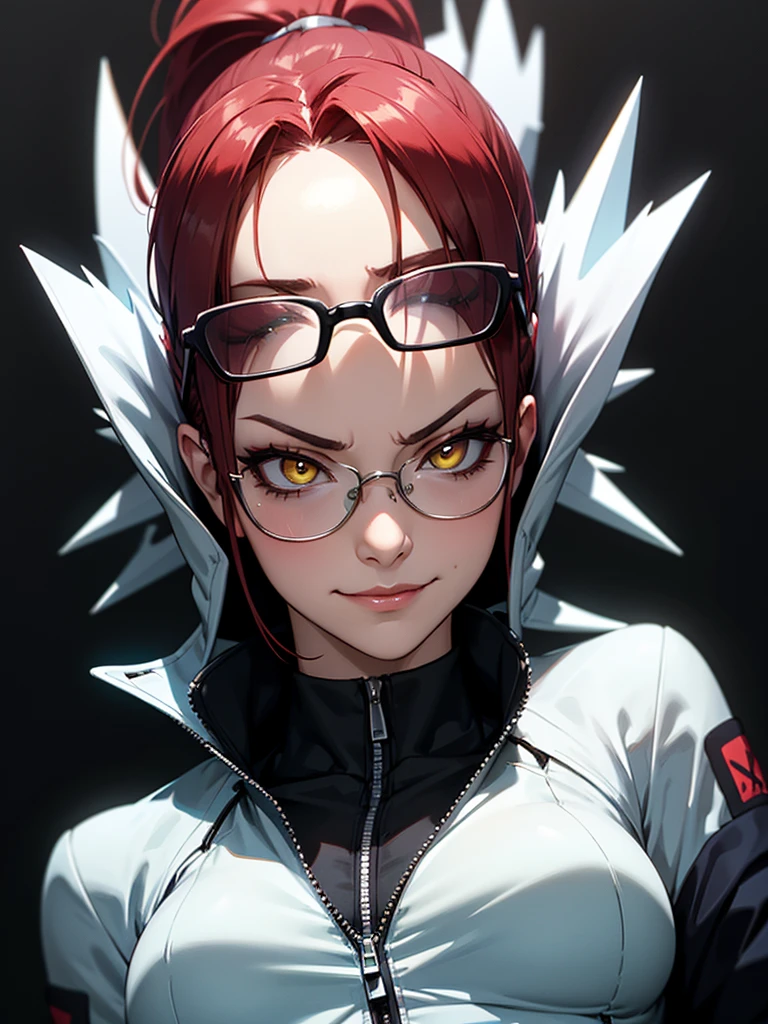 ((Portrait Photo)), She has a Cute and Playful Childish Appearance, with a Slim-yet Toned Build and Fair Skin. She Expresses an Assertive and Smug Look, Giving Off a Mischievous Glint and a Playful Smirk. She has a Striking Yellow Eyes, and Her Hair is Long, Dark Red and Tousled, styled in a High Ponytail with Spiky Strands Falling Over Her Forehead. She Wears a Tight-Fitting White Jumpsuit, Accompanied by an Oversized Jacket and Half-Frame Glasses. ((Portrait Photo, HDR, Dark Background))