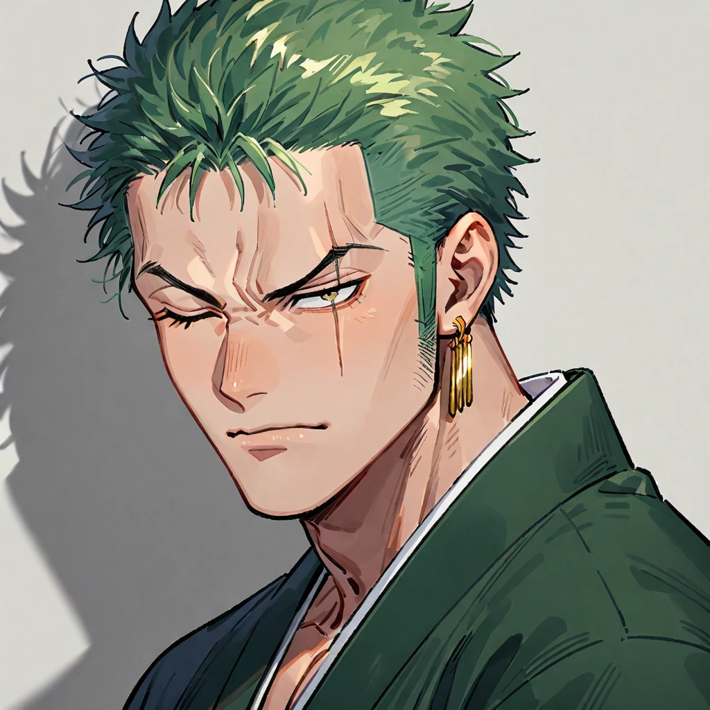 roronoa zoro, male focus, 1boy, scar across eye, green hair, jewelry, solo, earrings, short hair, sideburns, scar, japanese clothes, kimono, scar on face, one eye closed, long sideburns, looking at viewer, single earring, portrait, upper body, ((medium quality)), ((medium quality))
