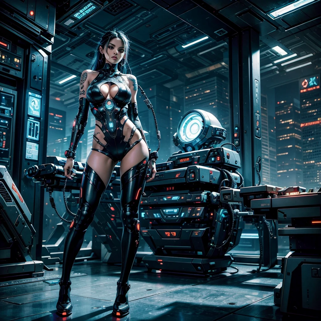 sexy tattooed cyber girl wearing technological tools, in a futuristic planetary colony, surrounded by sinister and disturbing cyborgs
