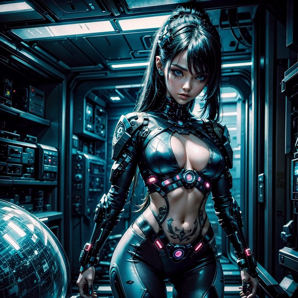 sexy tattooed cyber girl wearing technological tools, in a futuristic planetary colony, surrounded by sinister and disturbing cyborgs