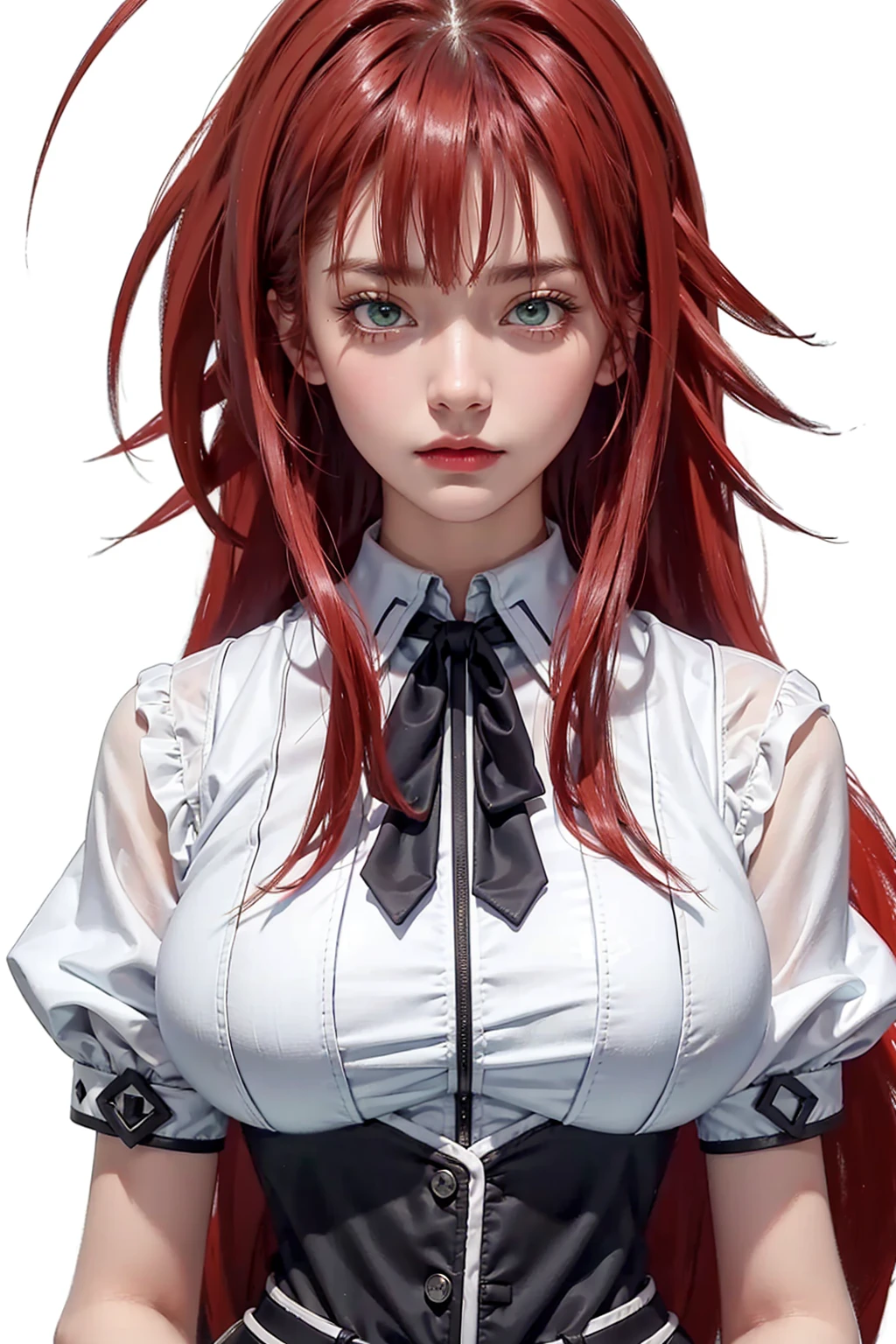 (front focus), (in the dark:1.6), Hyperrealist portrait of female by david hockney and alphonse mucha, fantasy art, photo realistic, dynamic lighting, artstation, poster, volumetric lighting, very detailed faces, 4 k, award winning, 1girl, in the dark, deep shadow, low key, cowboy shot, (official clothing:1.4), long hair, red hair, green eyes, shock face