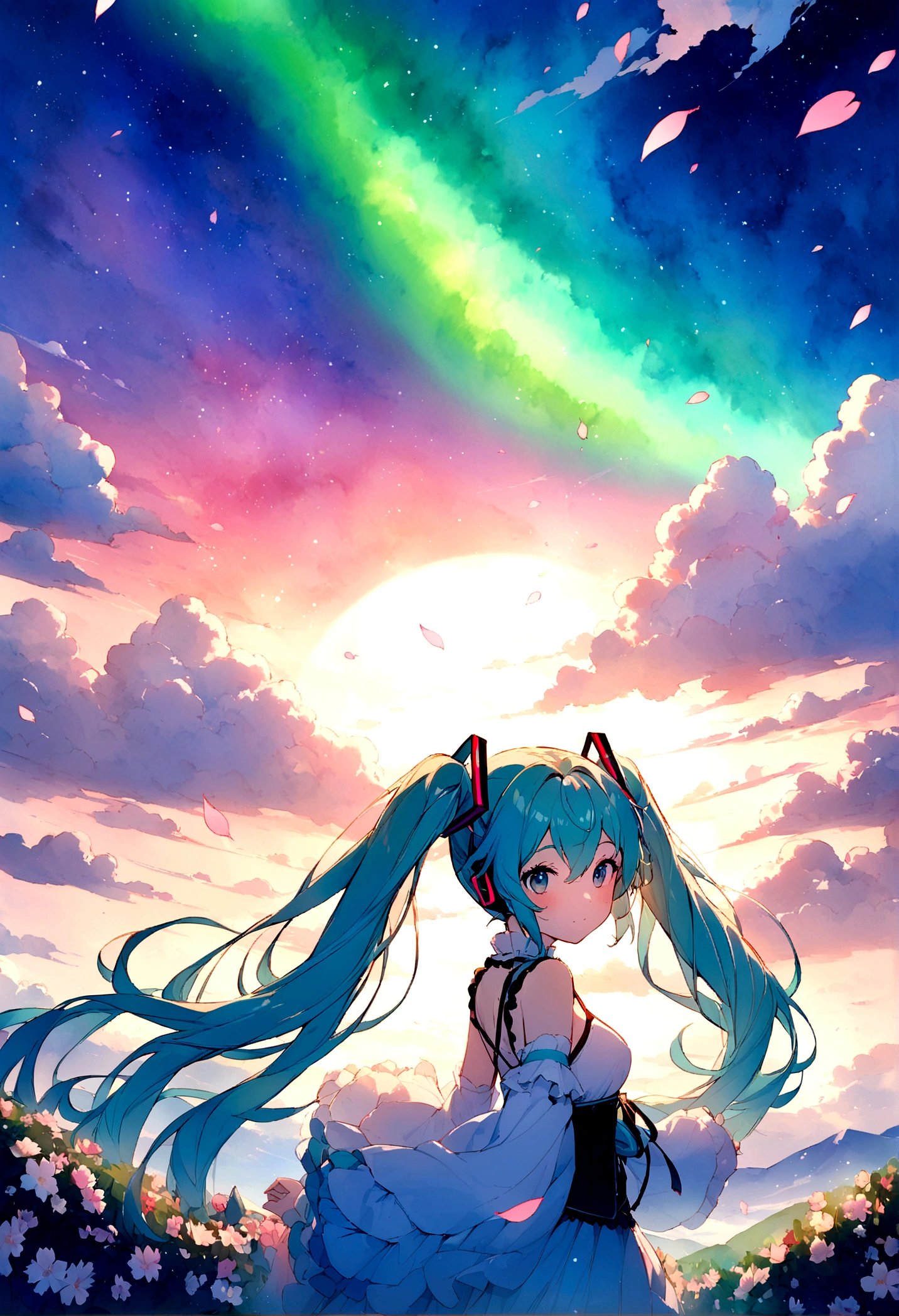 (masterpiece、highest quality、highest quality、official art、beautiful beautiful:1.2)、(1 girl:1.3)hatsune miku、twin tails,big,(High resolution、Super detailed、nffsw、movie、Cherry Blossom Gardenに立つ女の子、Cherry Blossom Garden、Cherry blossom petal splash art、Ultra Detailed Fields、Beautiful white starry sky、Aurora、Light blue、blanche、Nebula in the sky、watercolor painting、pastel colour sun rainbow nature scene
