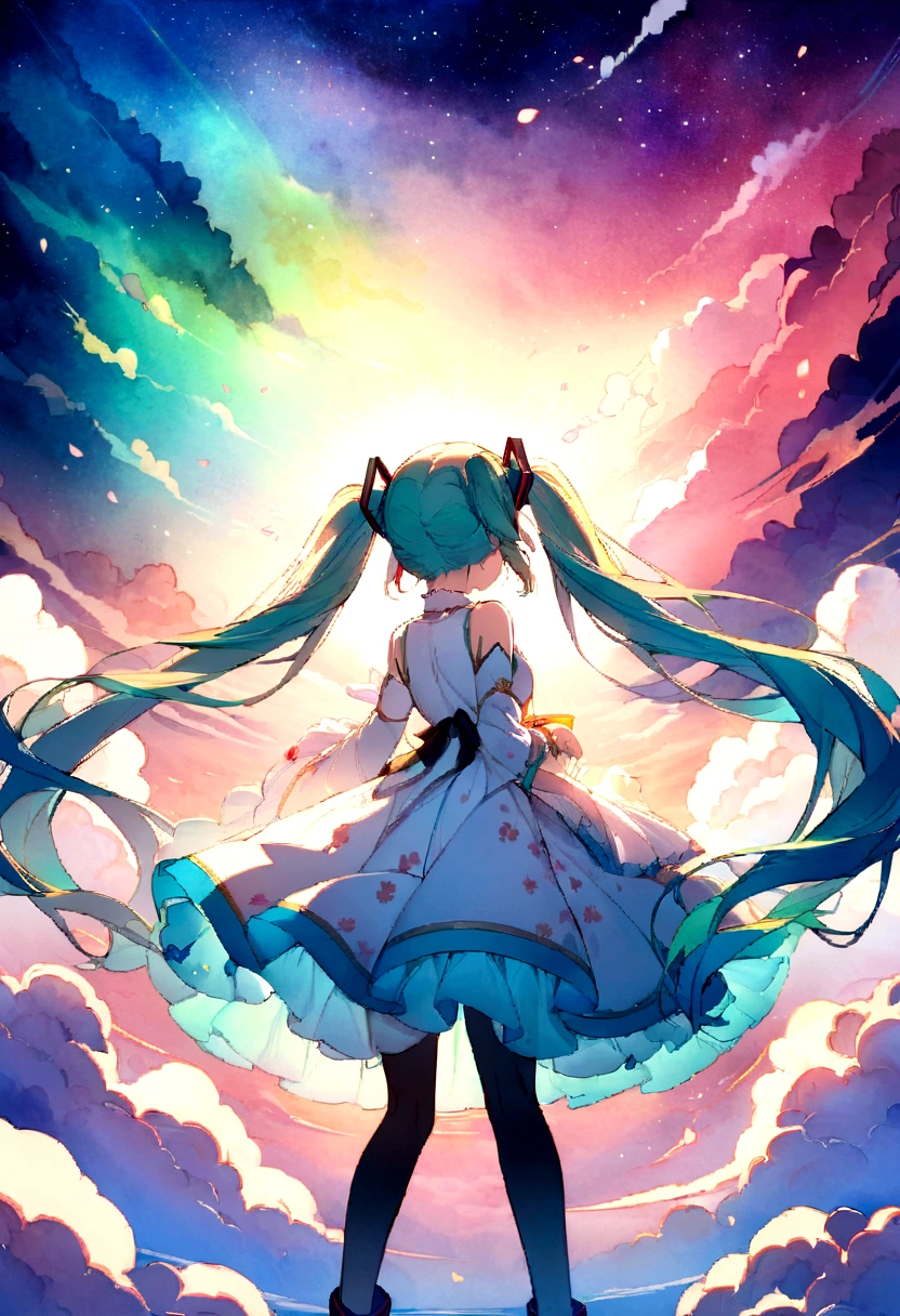 (masterpiece、highest quality、highest quality、official art、beautiful beautiful:1.2)、(1 girl:1.3)hatsune miku、twin tails,big,(High resolution、Super detailed、nffsw、movie、Cherry Blossom Gardenに立つ女の子、Cherry Blossom Garden、Cherry blossom petal splash art、Ultra Detailed Fields、Beautiful white starry sky、Aurora、Light blue、blanche、Nebula in the sky、watercolor painting、pastel colour sun rainbow nature scene