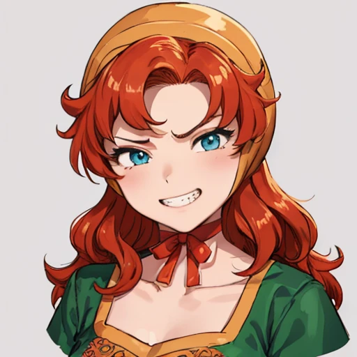 (masterpiece), (best quality),(portrait),(bust up),1girl,solo,(sharp focus),(look at viewer),maribel, long green dress, orange hair,hood, 1girl,solo, red choker, looking at viewer, sullen, ,ancient long clothes,(simple background),old school fantasy art,super shiny face,Ultra Glossy Skin,grin
