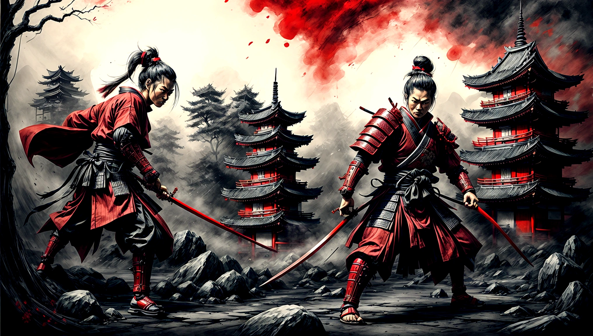 a samurai warrior wearing red and black, a Japanese-style environment, Japanese buildings, a playful combat environment, holding an epée , staring at the camera, misty environment with dark elements