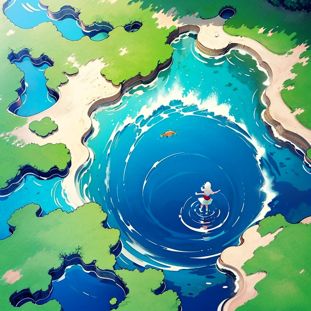 Woman walking on calm water, ((from above:1.5)), From above, Overlooking、Dancing Woman、Fish in the water