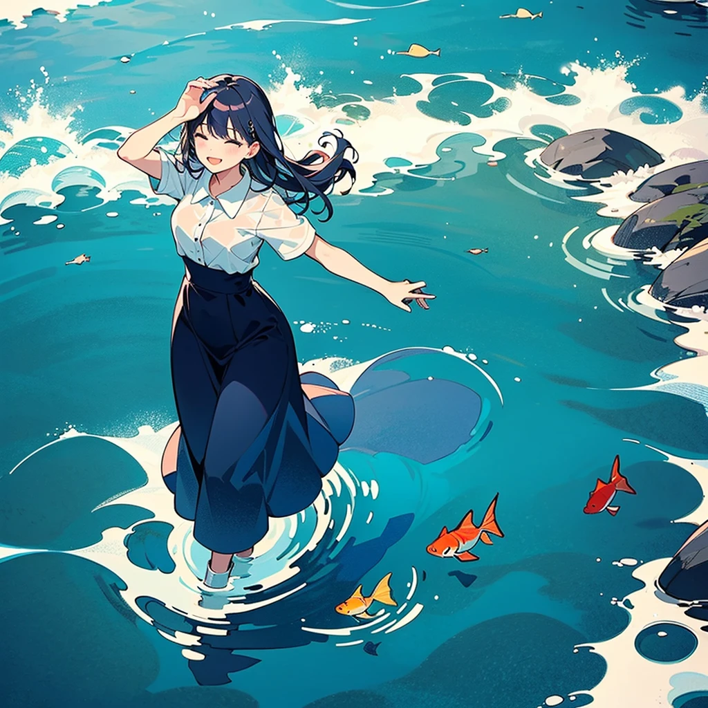 Woman walking on calm water, ((from above:1.5)), From above, Overlooking、Dancing Woman、Fish in the water