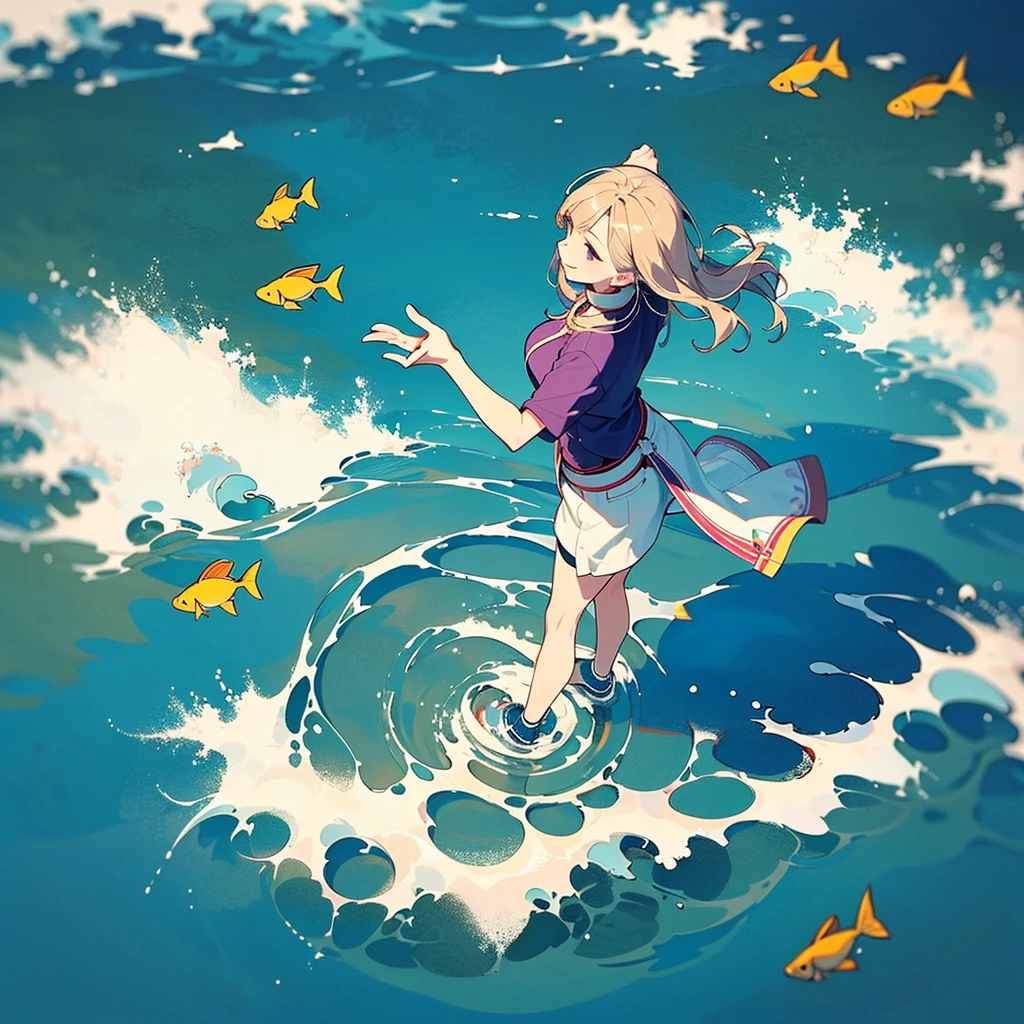 Woman walking on calm water, ((from above:1.5)), From above, Overlooking、Dancing Woman、Fish in the water
