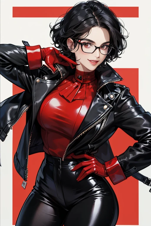 A mature woman with short black hair, a curly hairstyle, and glasses, wearing a black leather jacket, black patent leather leggings, and red patent leather gloves smile