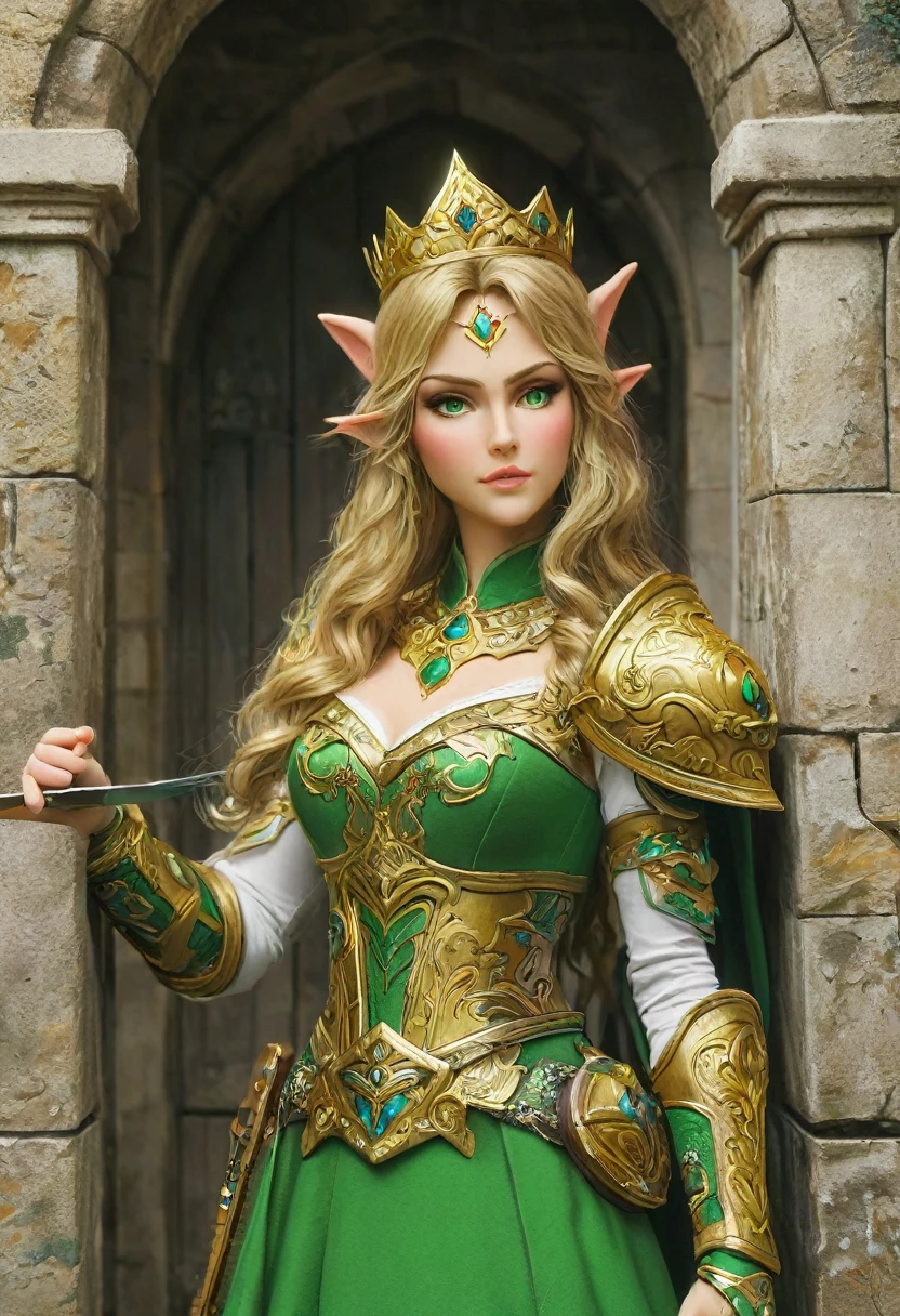 a graffiti art paint of Princess Zelda on the wall of a castle, ,Princess Zelda (intense details, Masterpiece, best quality: 1.5), ultra detailed face, ultra feminine, fair skin, exquisite beauty, gold hair, long hair, wavy hair, small pointed ears, dynamic eyes color, wearing heavy green and white armor, shinning metal, armed with elven sword, ais-graffiti, chumbasket art style