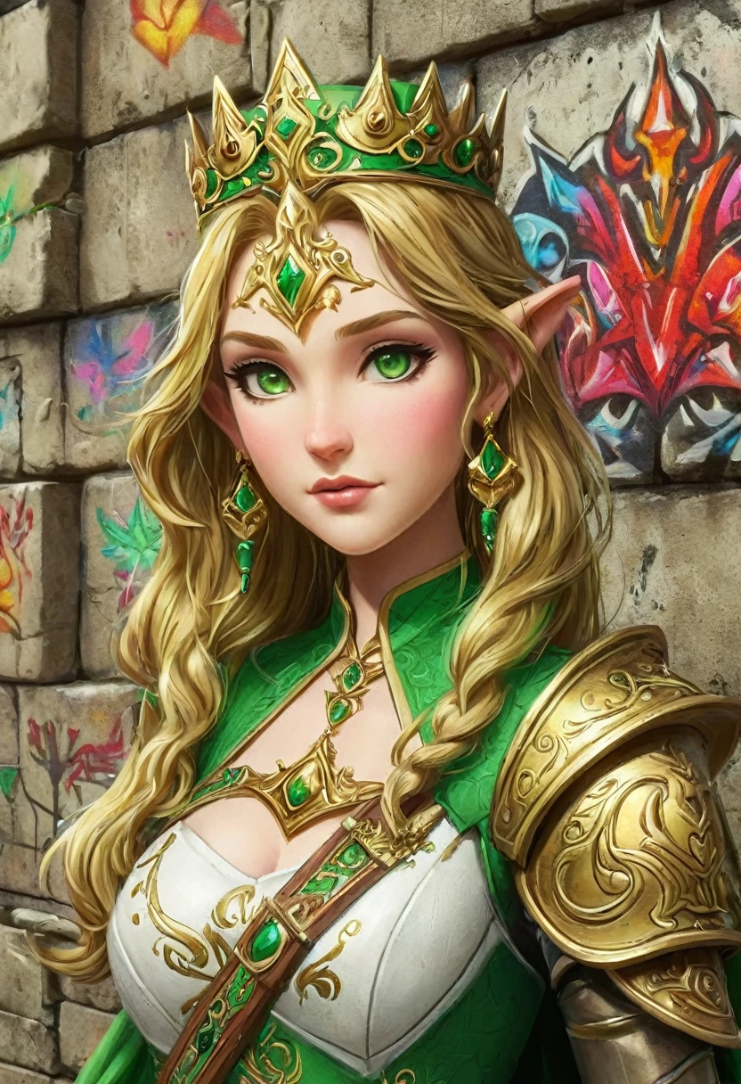 a graffiti art paint of Princess Zelda on the wall of a castle, ,Princess Zelda (intense details, Masterpiece, best quality: 1.5), ultra detailed face, ultra feminine, fair skin, exquisite beauty, gold hair, long hair, wavy hair, small pointed ears, dynamic eyes color, wearing heavy green and white armor, shinning metal, armed with elven sword, ais-graffiti, chumbasket art style